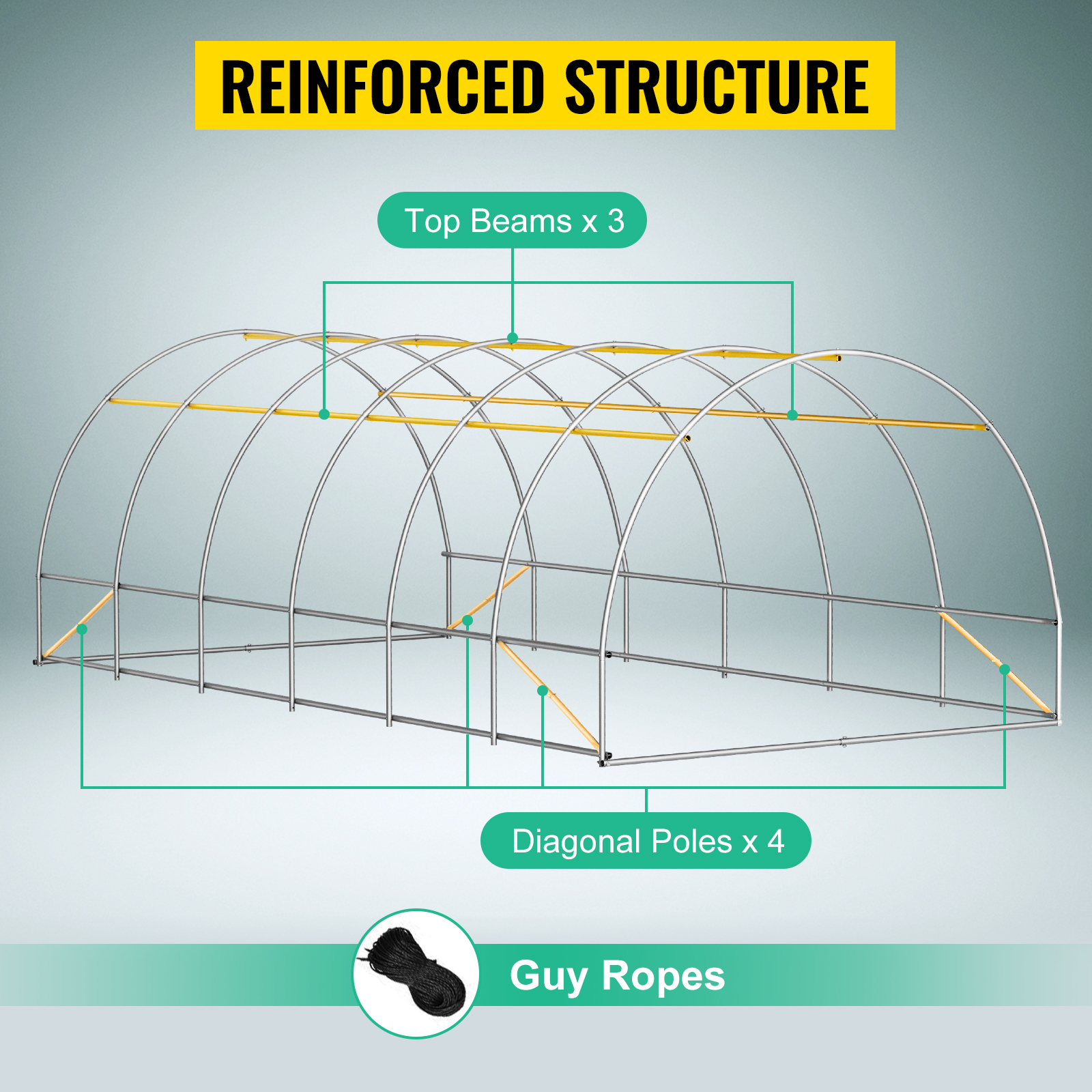 VEVOR tunnel greenhouse with reinforced structure, top beams, diagonal poles, and guy ropes.