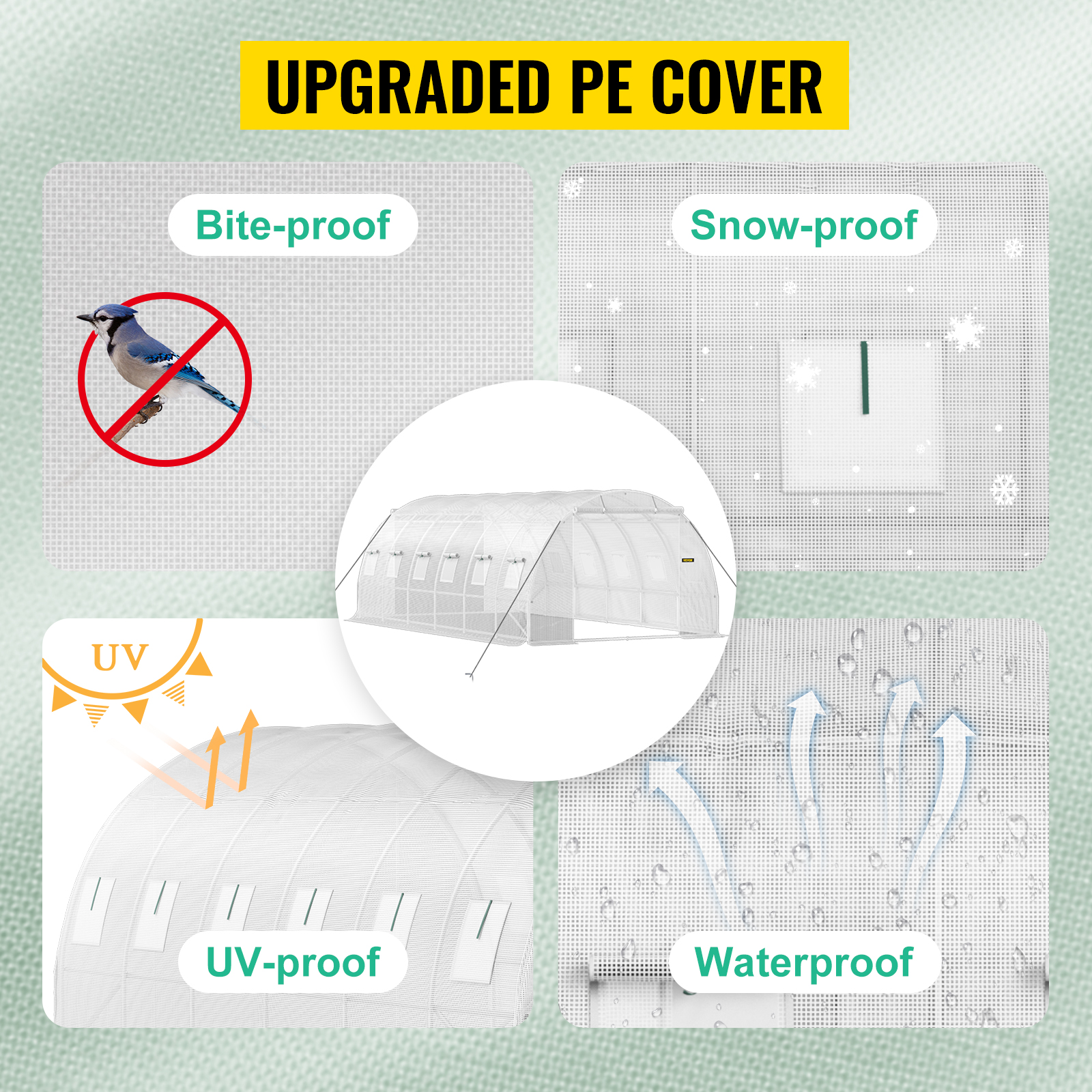 VEVOR tunnel greenhouse: upgraded pe cover, bite-proof, snow-proof, uv-proof, waterproof features.
