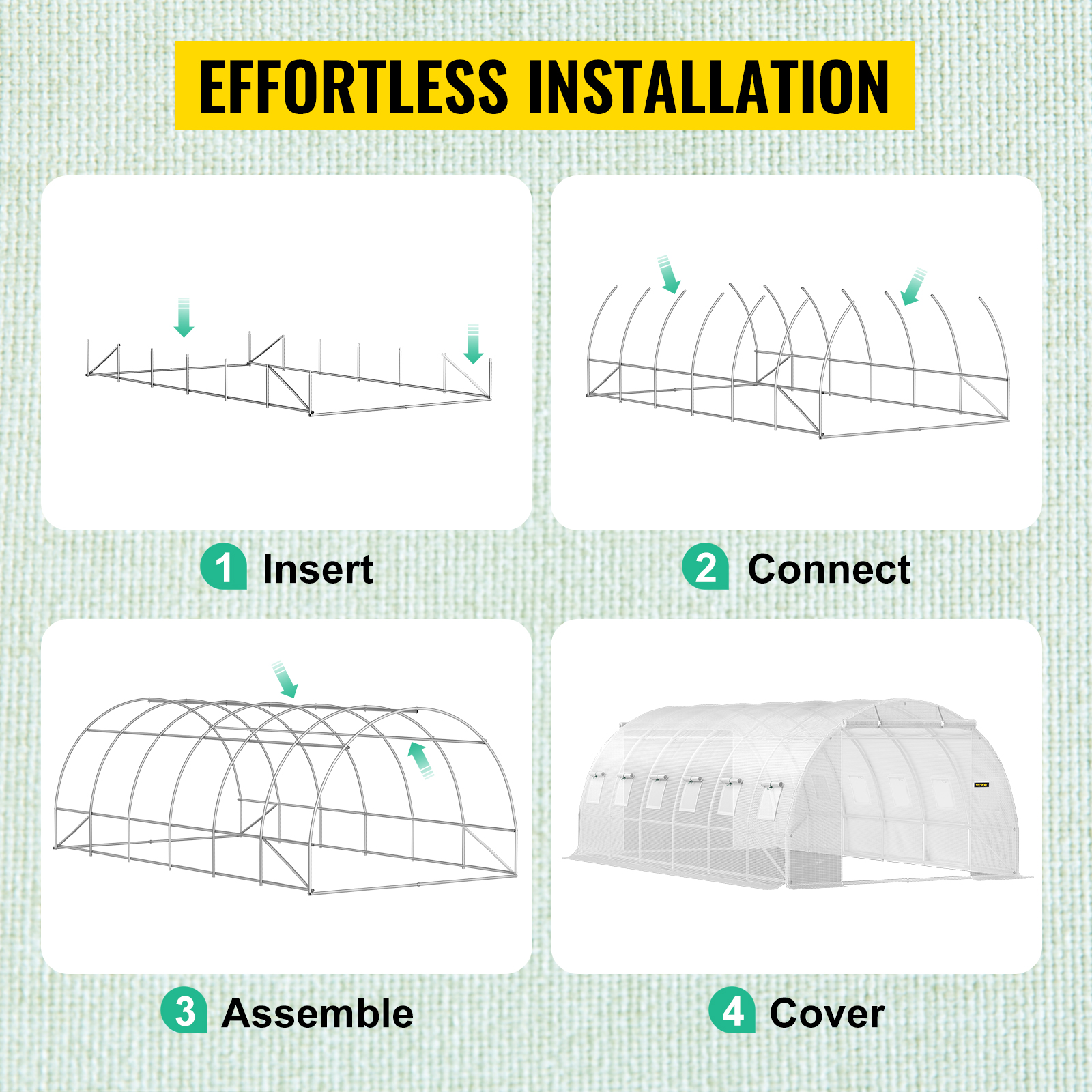 effortless installation steps for the VEVOR tunnel greenhouse: insert, connect, assemble, and cover.