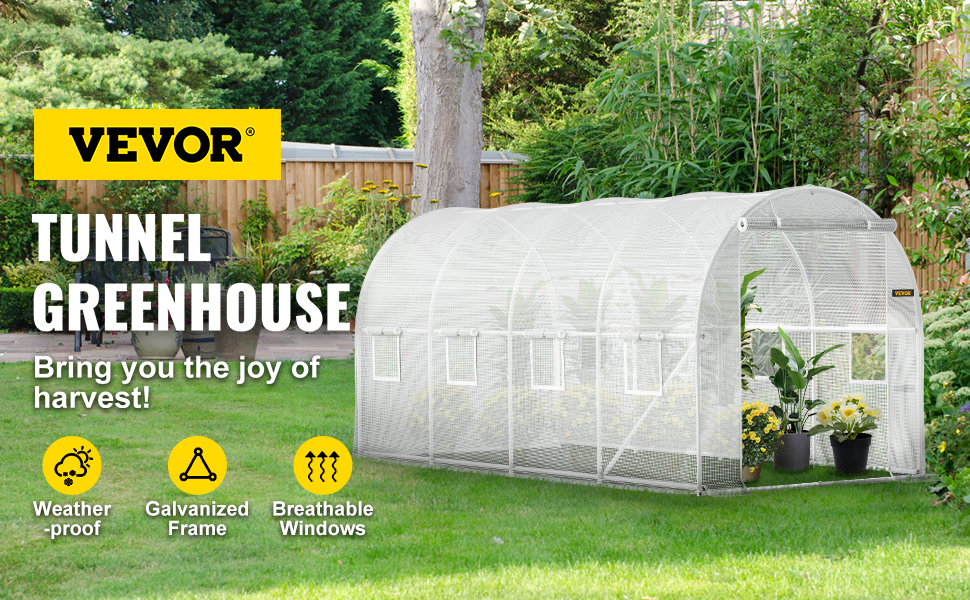 VEVOR tunnel greenhouse in a garden with plants, featuring weatherproof galvanized frame and breathable windows.