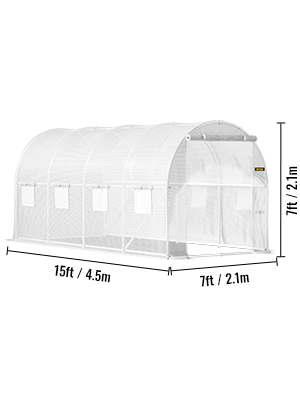 VEVOR tunnel greenhouse, 15ft x 7ft, 7ft height with arched design and ventilation windows.