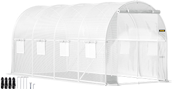 VEVOR tunnel greenhouse with metal frame, clear cover, and ventilation windows, including anchor kit.