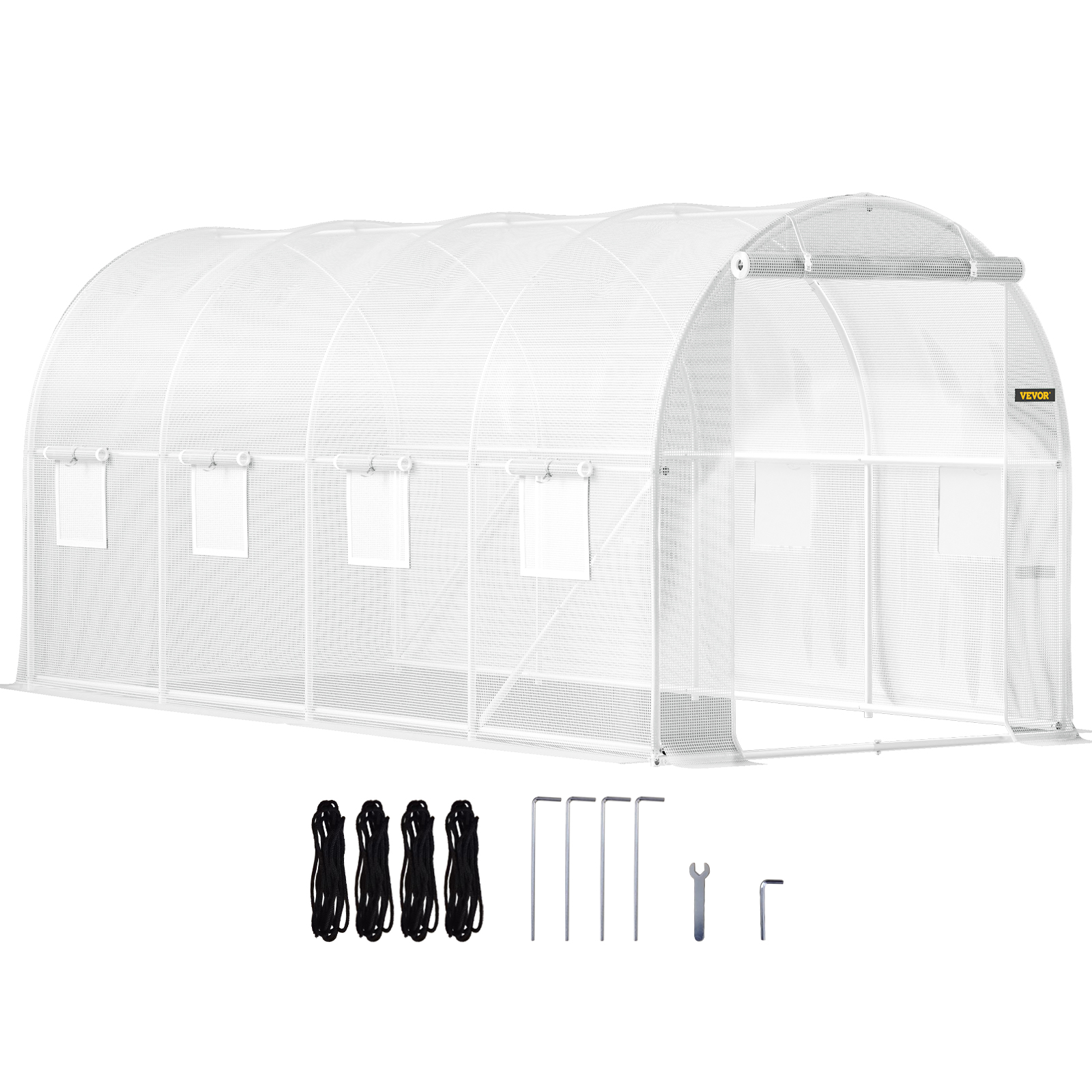 VEVOR tunnel greenhouse with metal frame, white cover, roll-up door, and accessories.