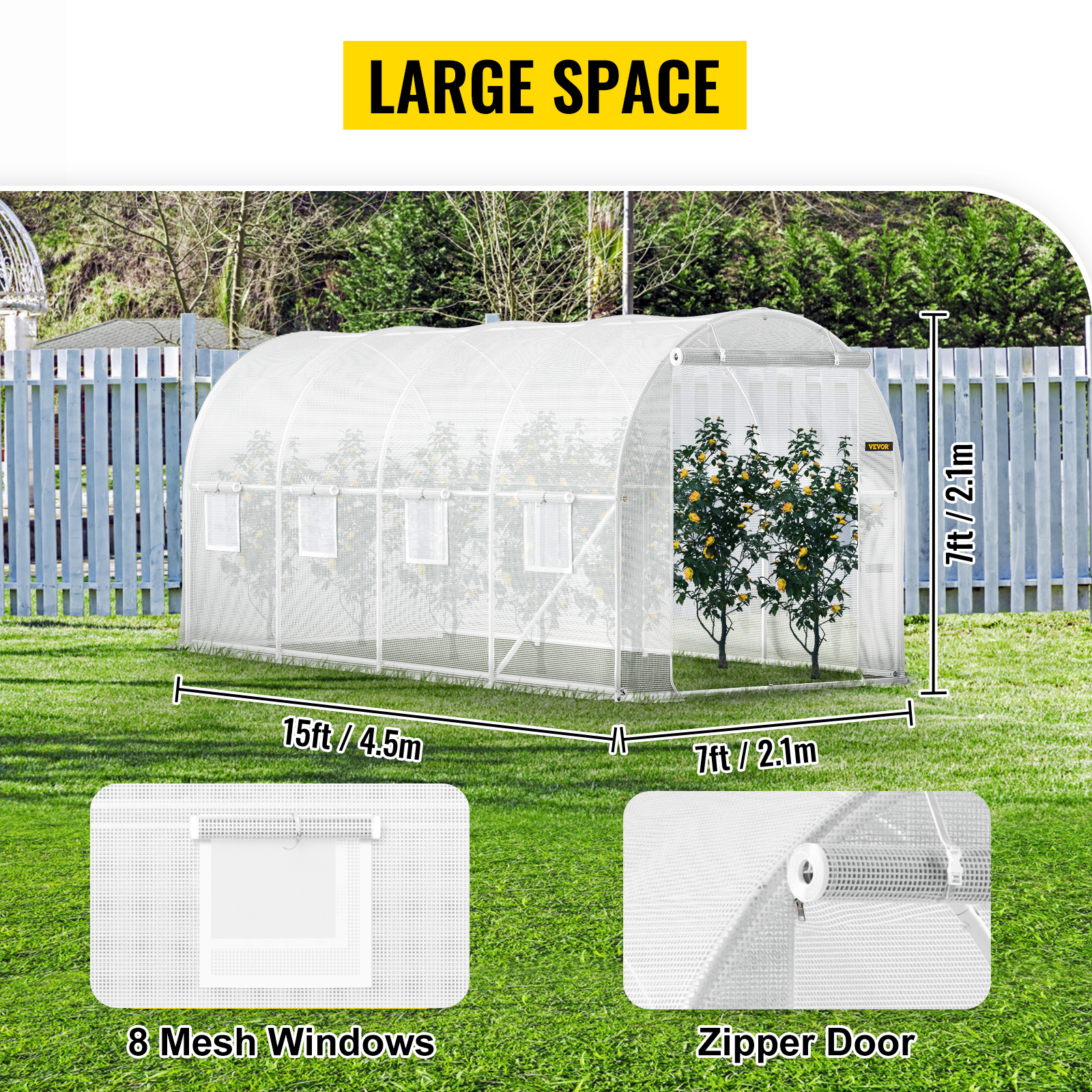 VEVOR tunnel greenhouse with 8 mesh windows, zipper door, 15ft length, 7ft height, and large space.