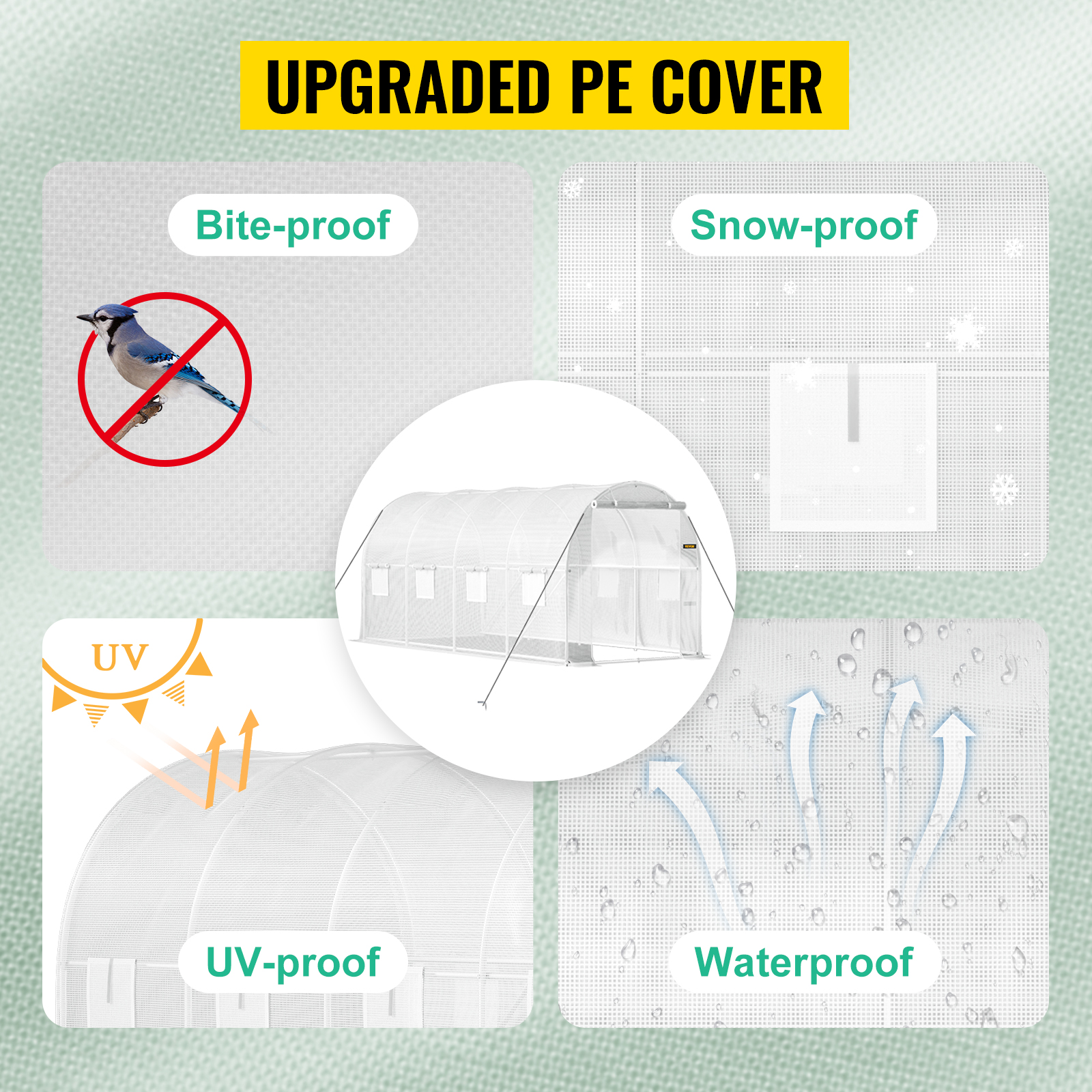 upgraded pe cover for VEVOR tunnel greenhouse: bite-proof, snow-proof, uv-proof, and waterproof features.