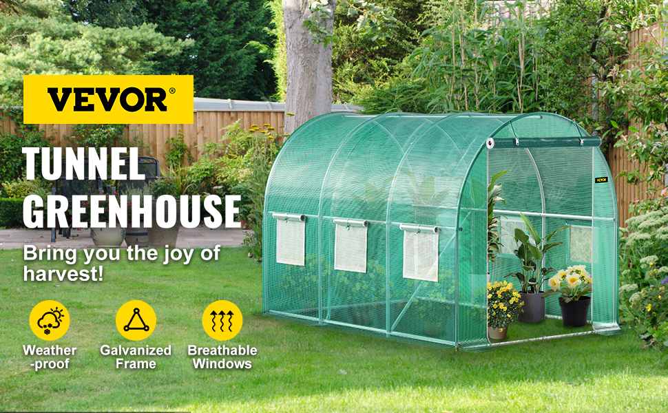 VEVOR walk-in greenhouse in a lush garden, featuring weatherproof design, galvanized frame, and breathable windows.