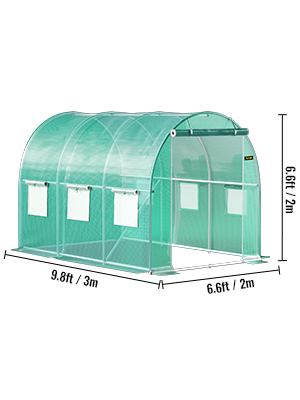 VEVOR walk-in greenhouse 9.8ft x 6.6ft with roll-up windows and door, green cover.
