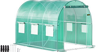 VEVOR walk-in greenhouse with arched design, roll-up door, and mesh windows, including ground stakes.