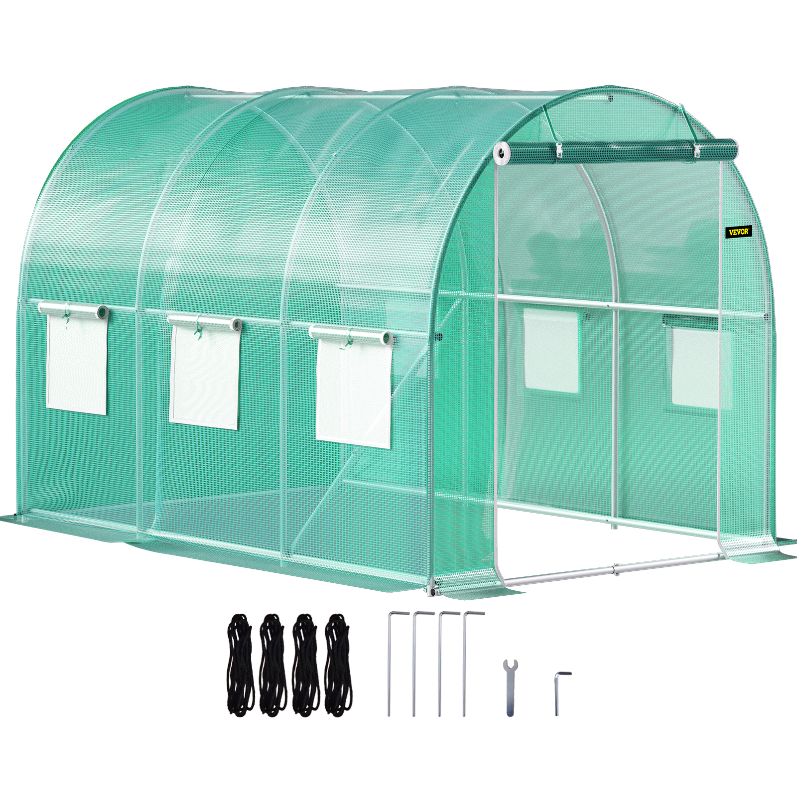 VEVOR walk-in greenhouse with roll-up windows, steel frame, ropes, and stakes for garden.