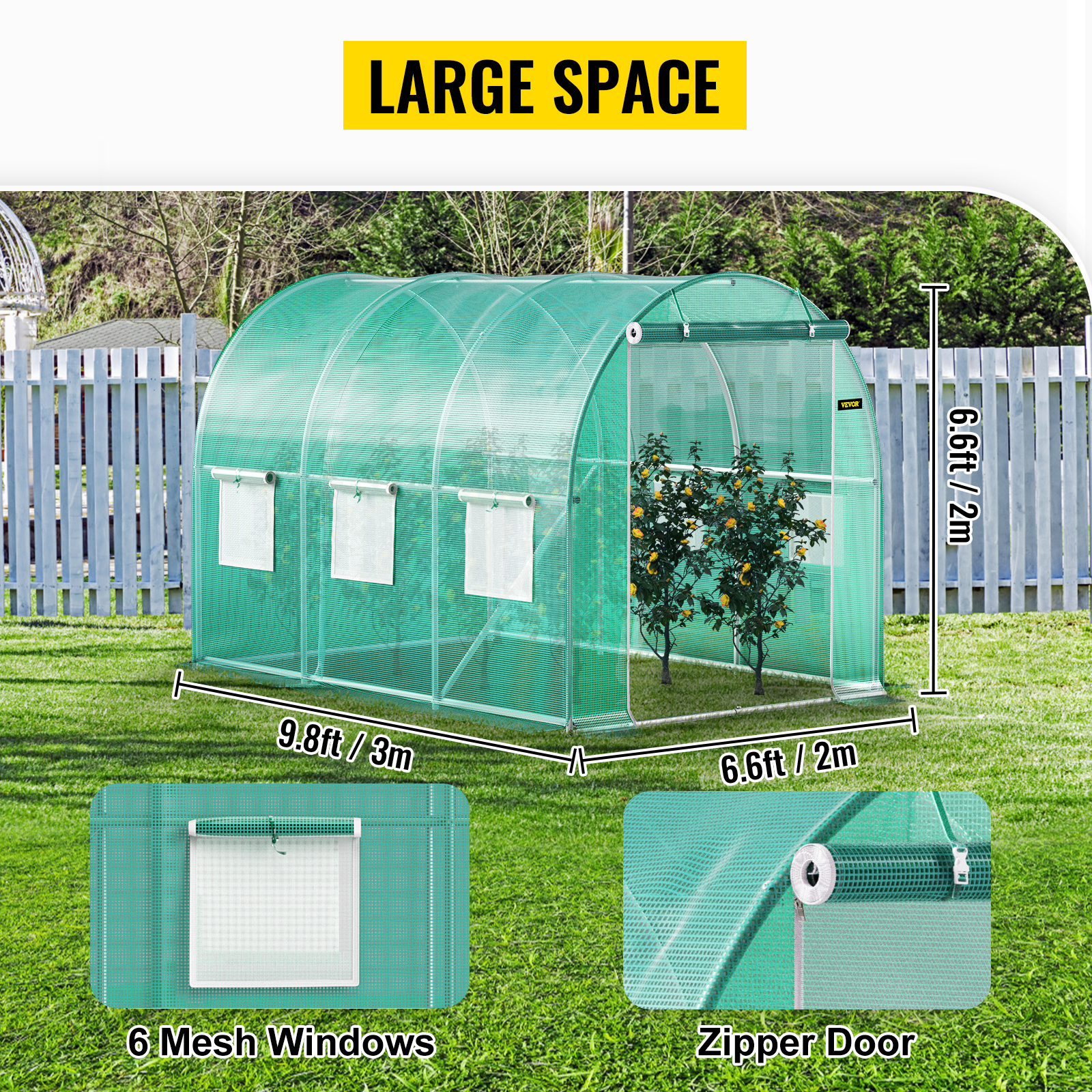 VEVOR walk-in greenhouse with 6 mesh windows, zipper door, dimensions 9.8ft x 6.6ft, green structure.