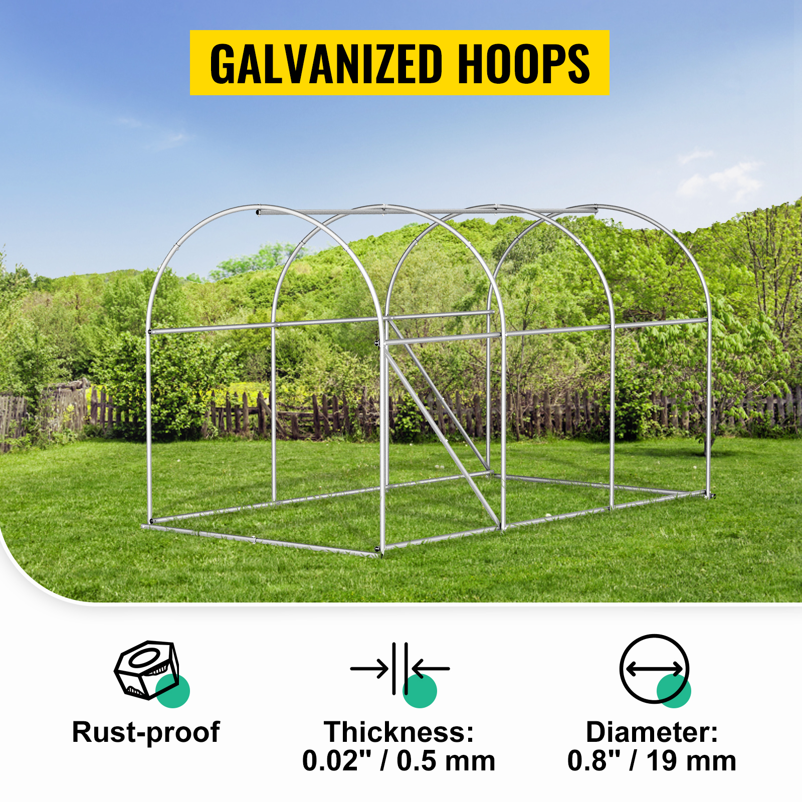 VEVOR walk-in greenhouse frame with galvanized hoops in a green garden, highlighting rust-proof features.