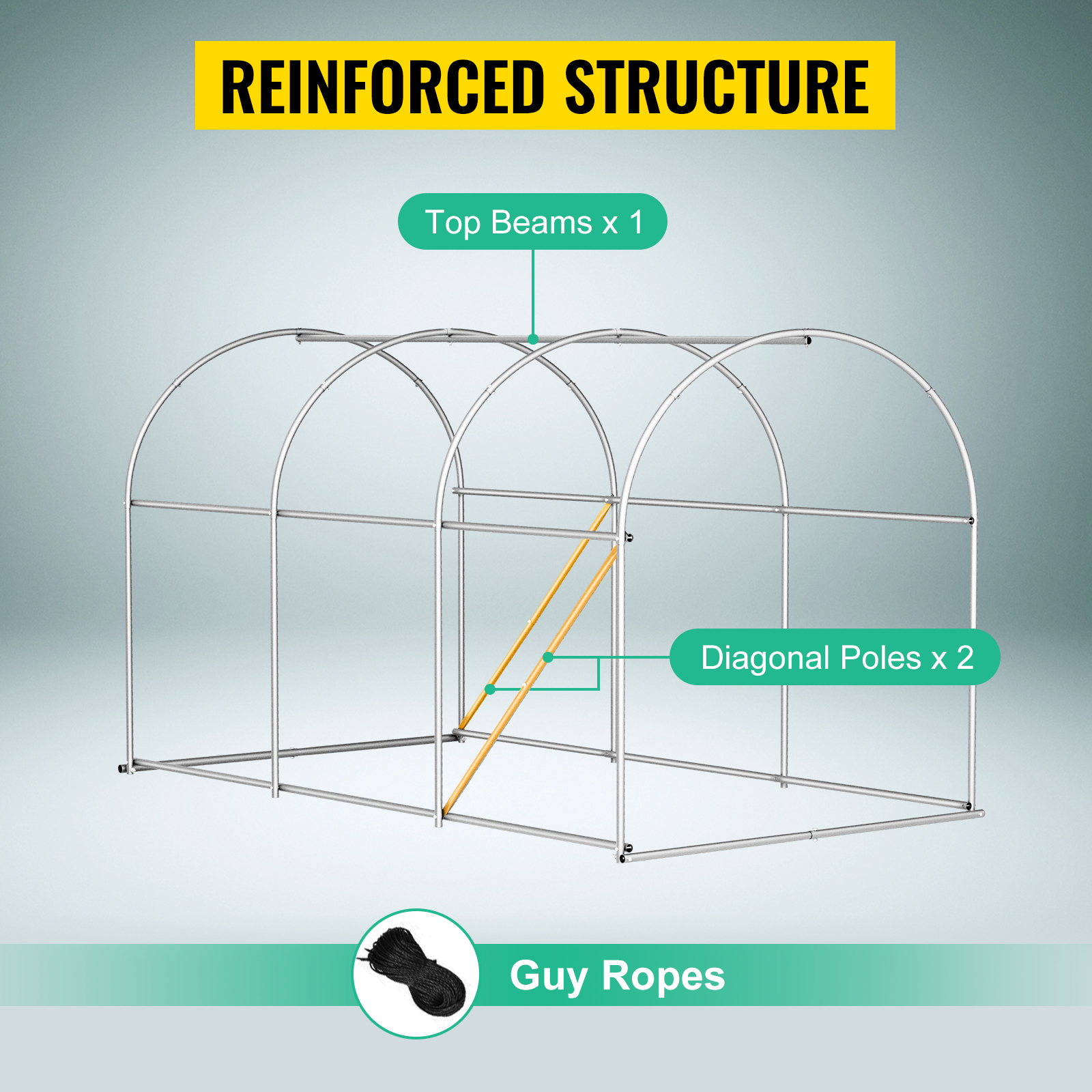VEVOR walk-in greenhouse frame with top beams, diagonal poles, and included guy ropes. reinforced structure.