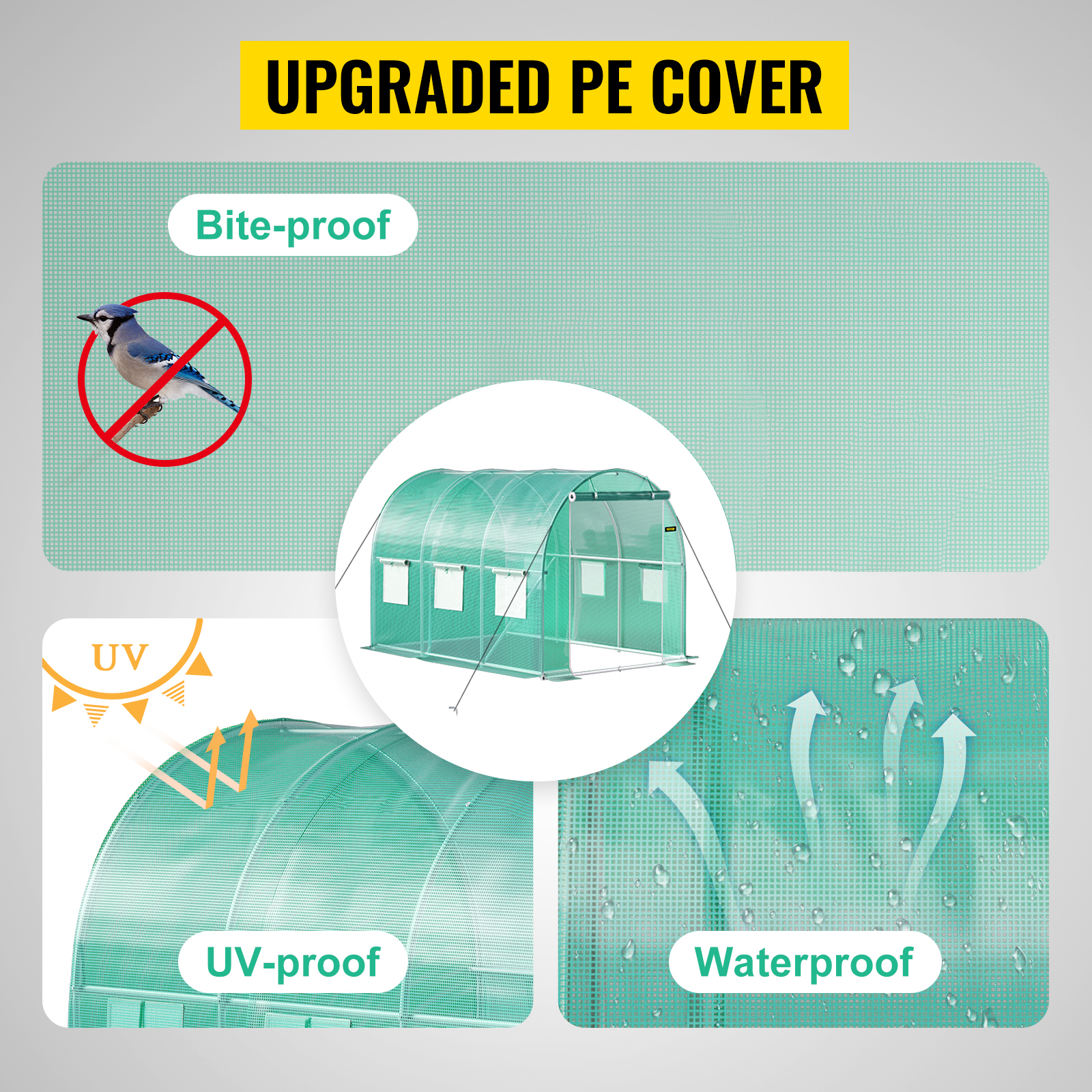 VEVOR walk-in greenhouse with upgraded pe cover, bite-proof, uv-proof, and waterproof features.