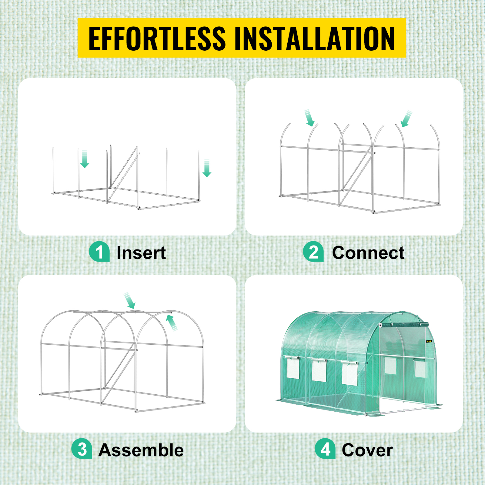 effortless installation steps for VEVOR walk-in greenhouse: insert, connect, assemble, cover.