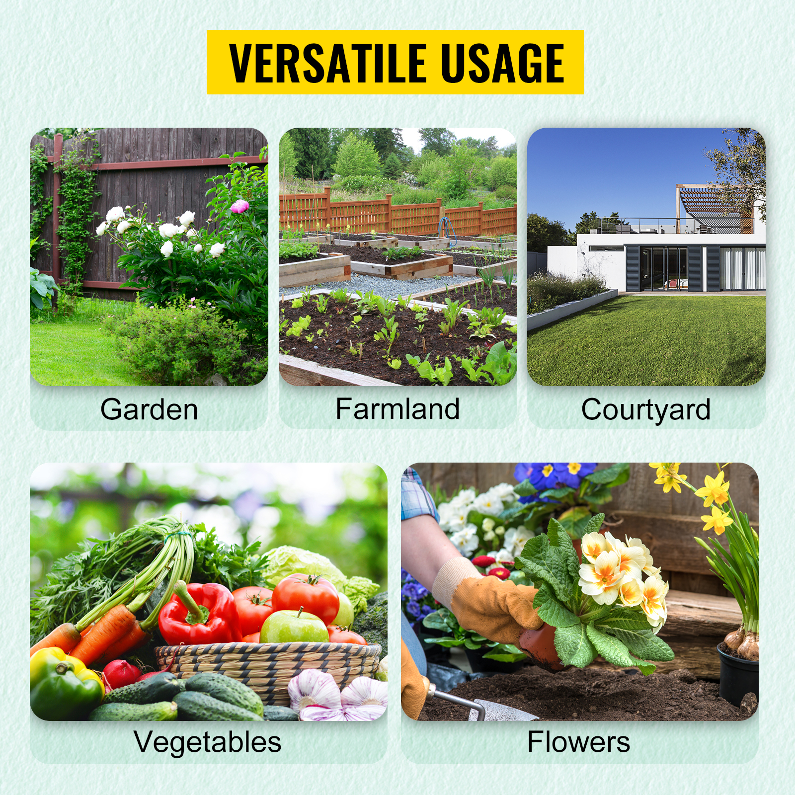 versatile usage of the VEVOR walk-in greenhouse in gardens, farmlands, courtyards, for vegetables, flowers.