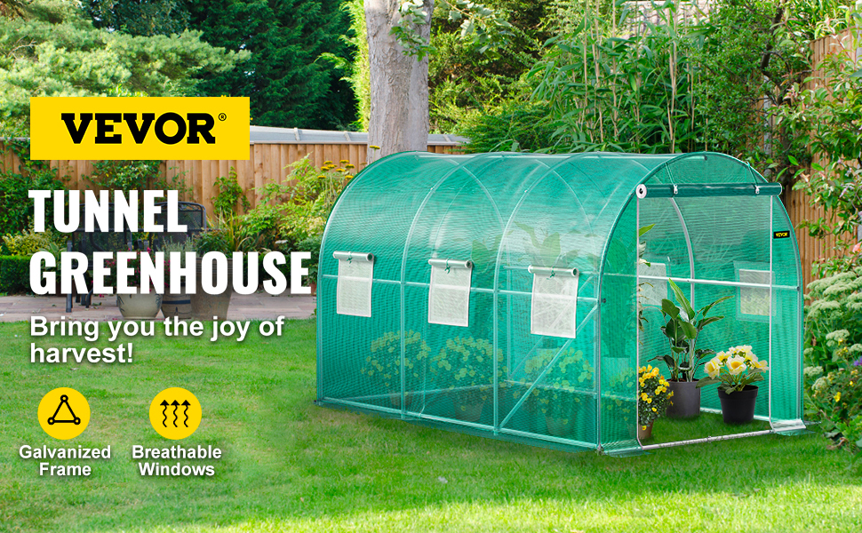 VEVOR tunnel greenhouse with galvanized frame and breathable windows in a lush garden.