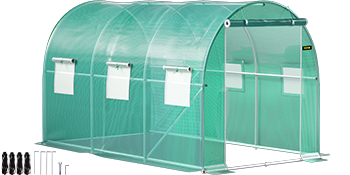 VEVOR walk-in tunnel greenhouse with arched roof, roll-up door, ventilation windows, and anchor kit.