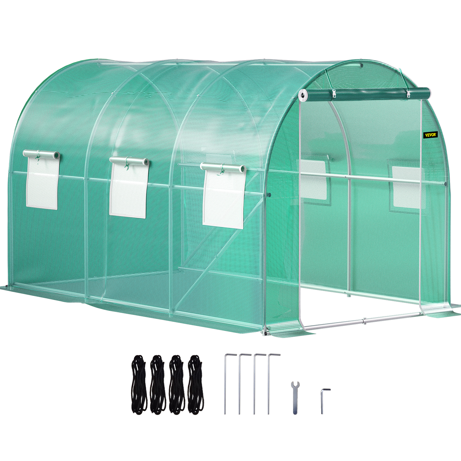 VEVOR walk-in tunnel greenhouse with metal frame, roll-up windows, and accessories for stability.
