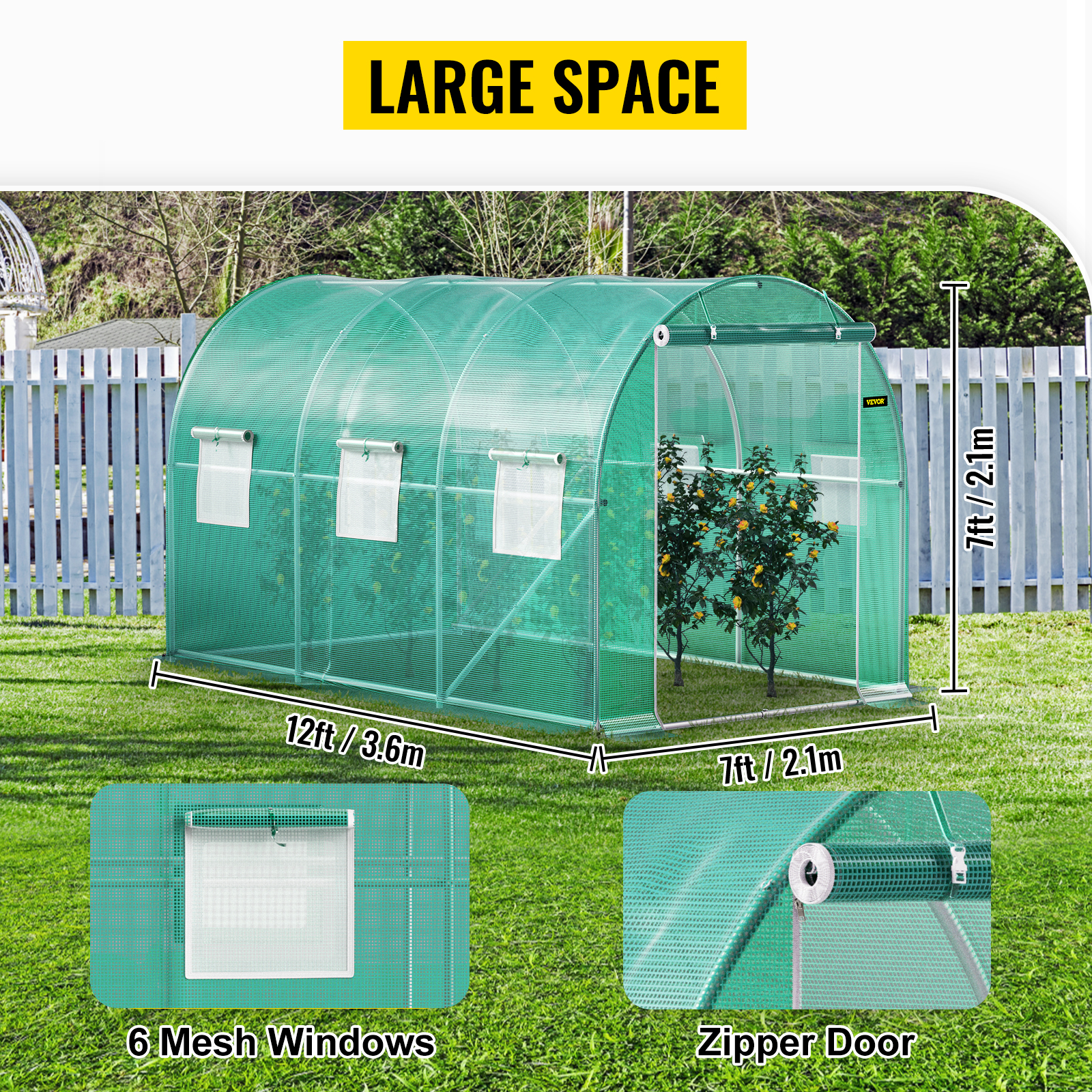 VEVOR walk-in tunnel greenhouse with large space, 6 mesh windows, and a zipper door. 12ft x 7ft.
