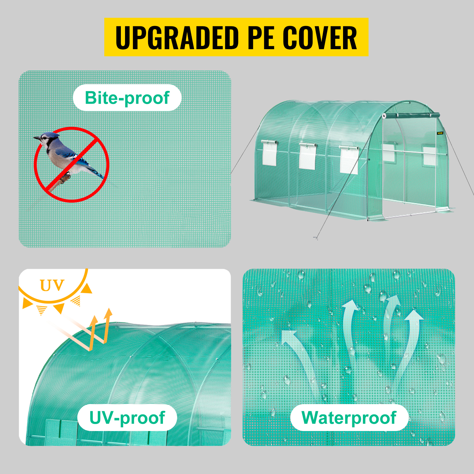 VEVOR walk-in tunnel greenhouse with upgraded pe cover, bite-proof, uv-proof, and waterproof features.