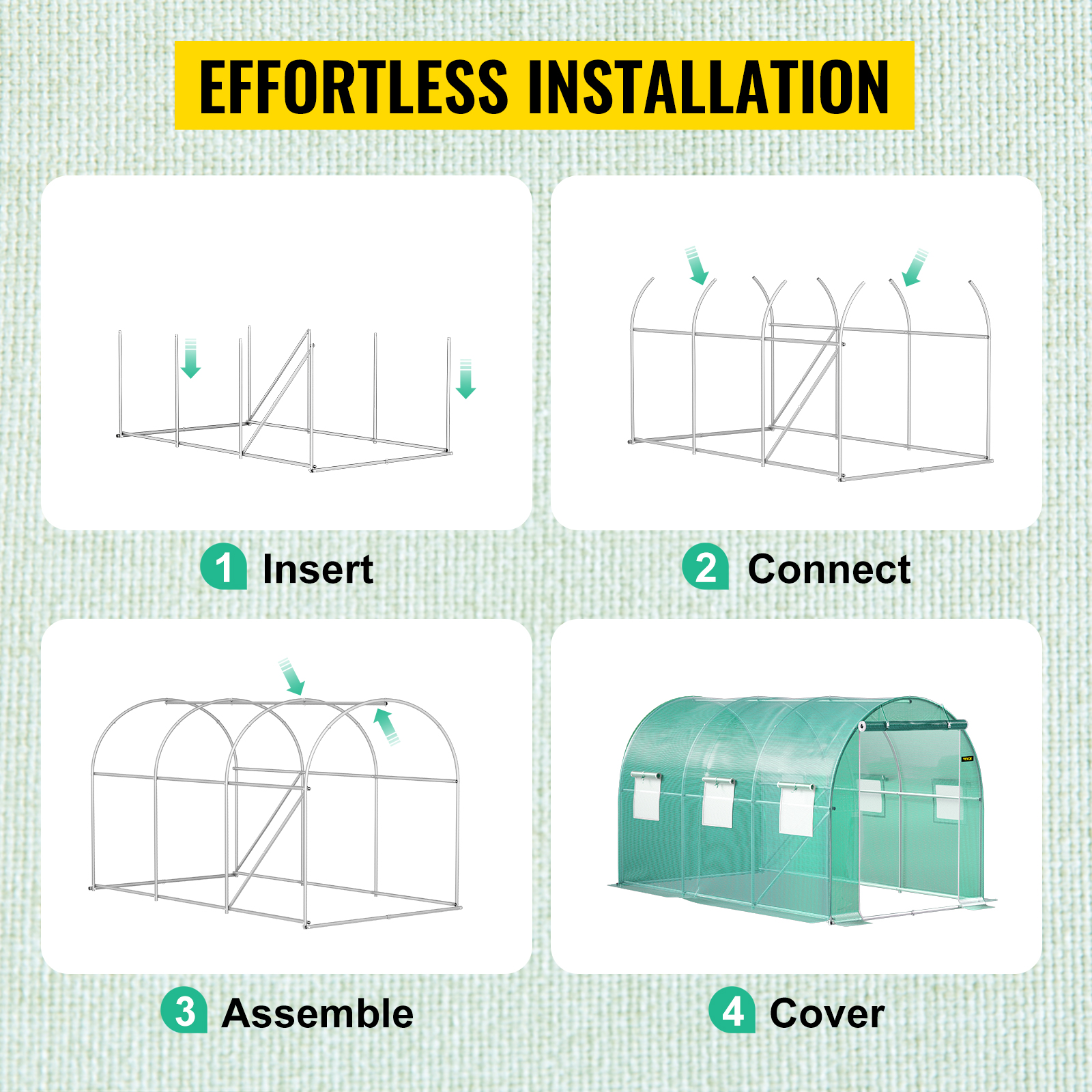 effortless installation steps for VEVOR walk-in tunnel greenhouse: insert, connect, assemble, cover.