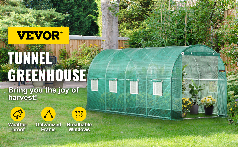 VEVOR walk-in greenhouse with breathable windows and galvanized frame in a lush garden setting.