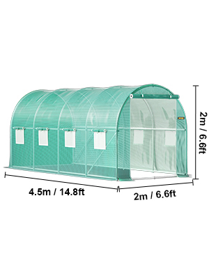VEVOR walk-in greenhouse with dimensions of 4.5m x 2m x 2m, featuring green polyethylene cover.