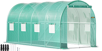 VEVOR walk-in greenhouse with arched roof, roll-up door, four windows, and stakes for stability.