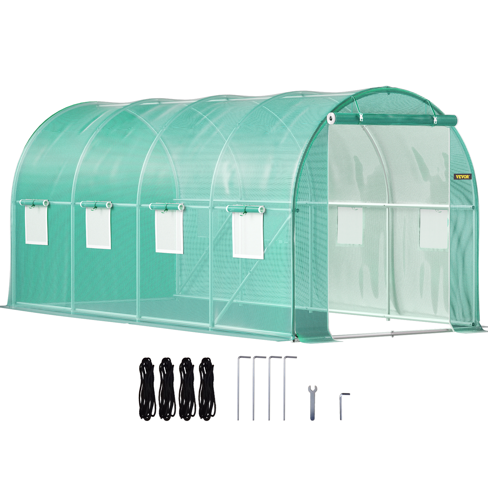 VEVOR walk-in greenhouse with arched roof, green mesh cover, ventilation windows, and accessories.