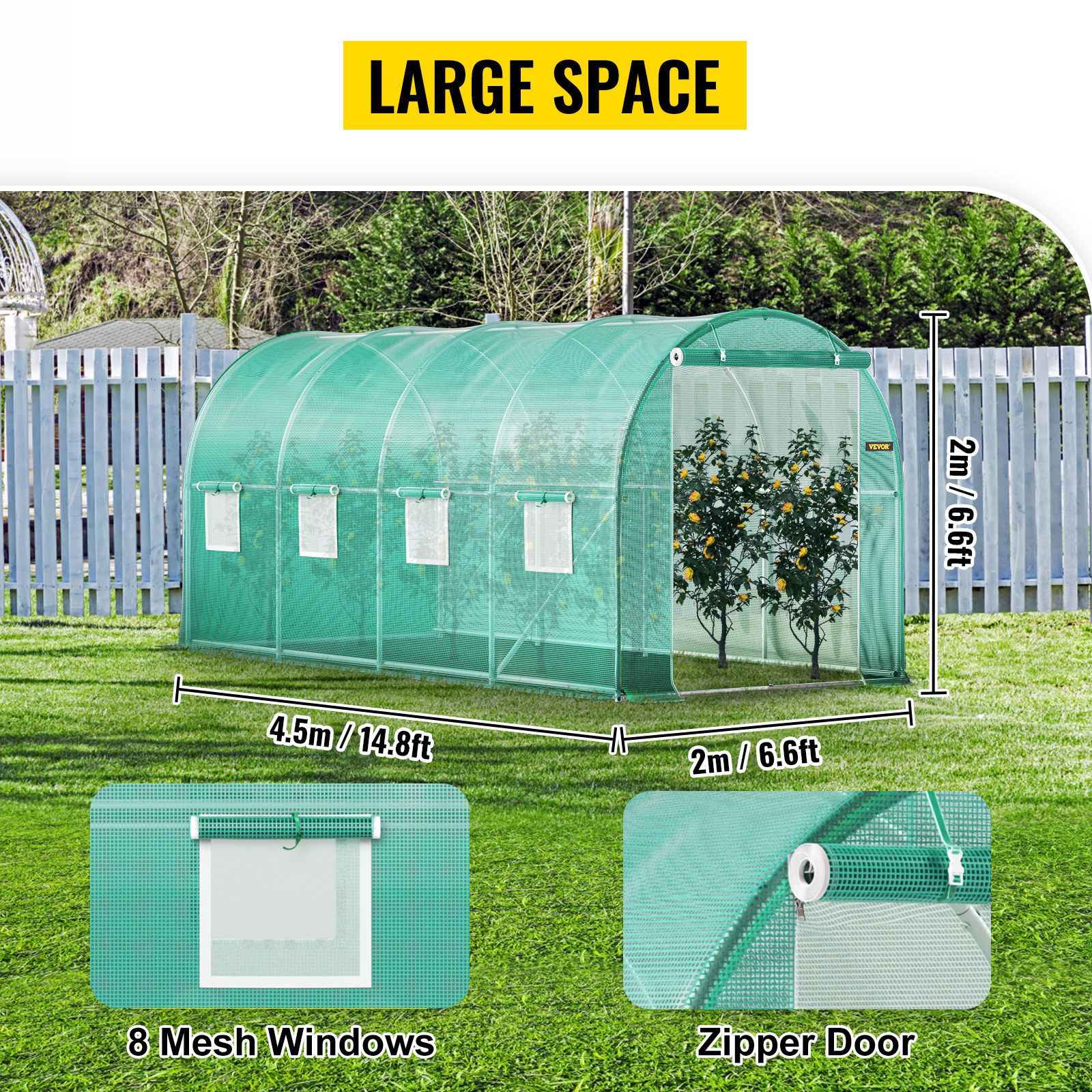 VEVOR walk-in greenhouse with large space, 8 mesh windows, zipper door, and dimensions 4.5m x 2m.