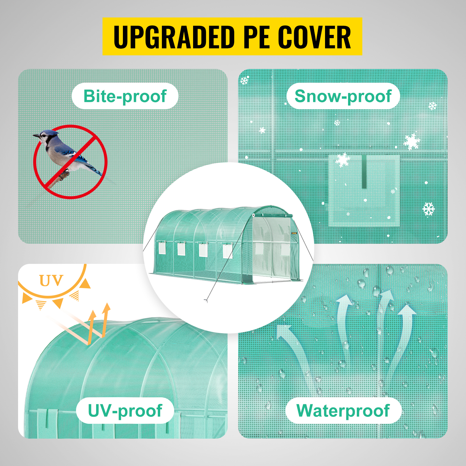 upgraded pe cover features bite-proof, snow-proof, uv-proof, and waterproof qualities for VEVOR walk-in greenhouse.