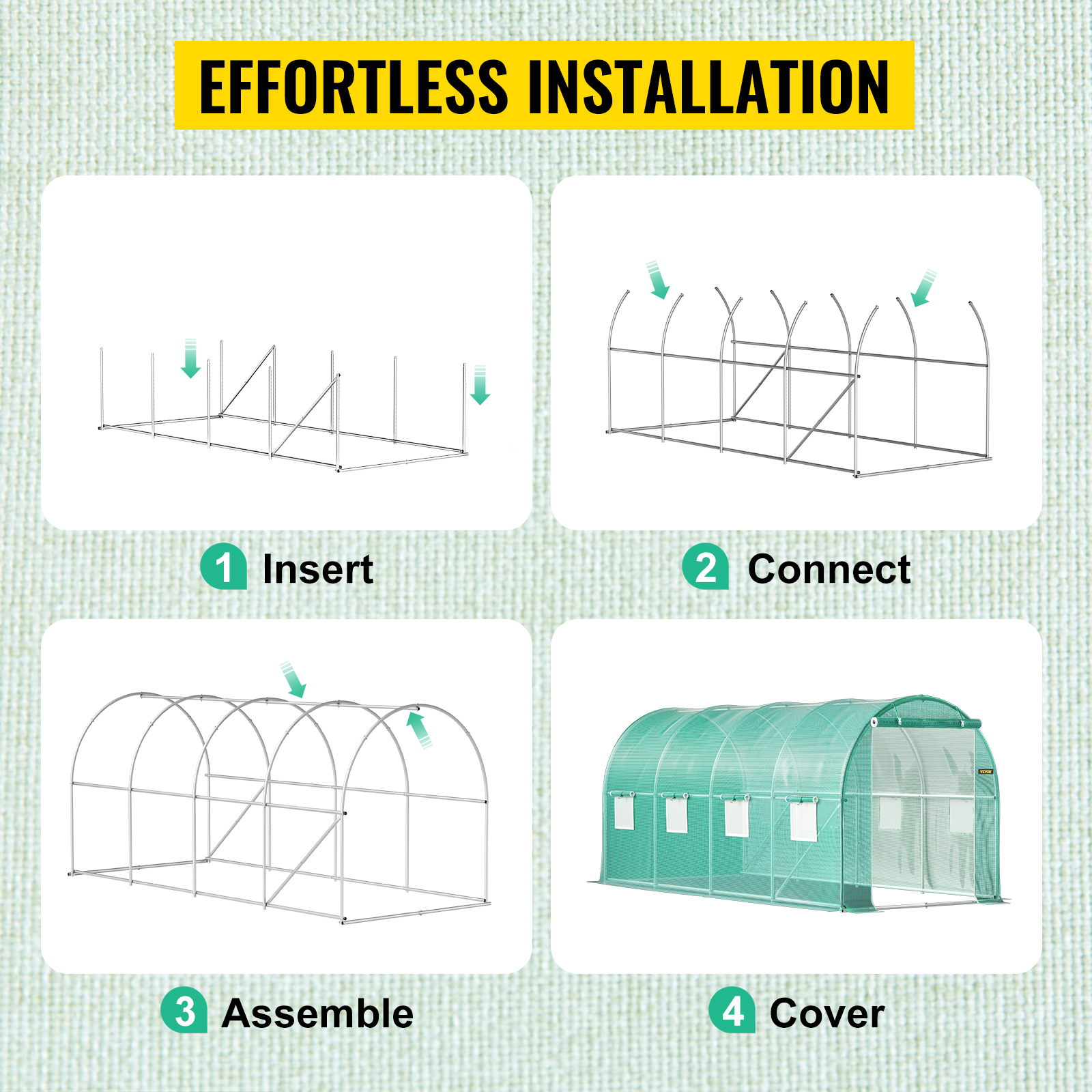 effortless installation of VEVOR walk-in greenhouse: insert, connect, assemble, cover.