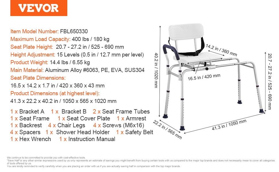 VEVOR sliding tub transfer bench with seat height adjustment, backrest, safety belt, and sturdy frame.