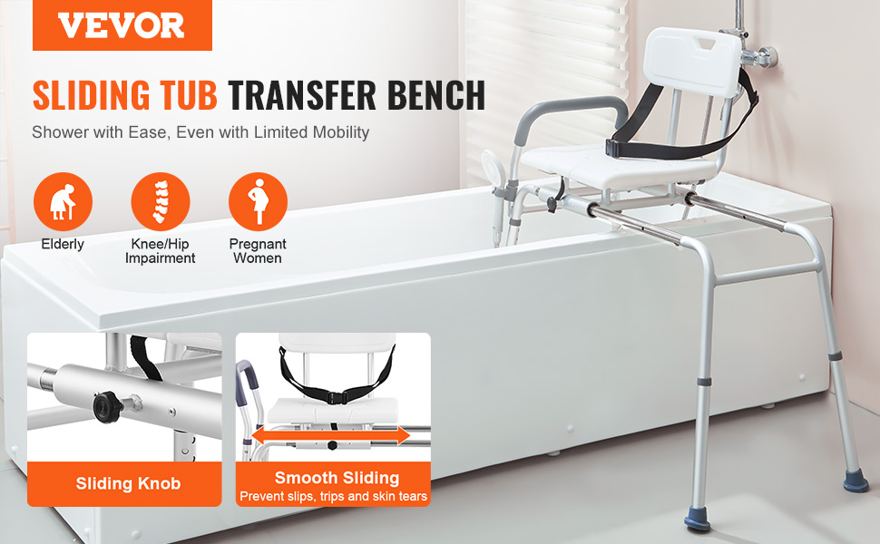 VEVOR sliding tub transfer bench with sliding knob and smooth sliding feature for easy transfers.