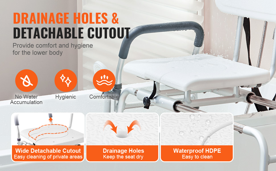 VEVOR sliding tub transfer bench with drainage holes and detachable cutout for hygienic comfort.