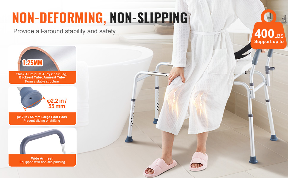 VEVOR sliding tub transfer bench supports up to 400 lbs, non-deforming, non-slipping, with wide armrests.