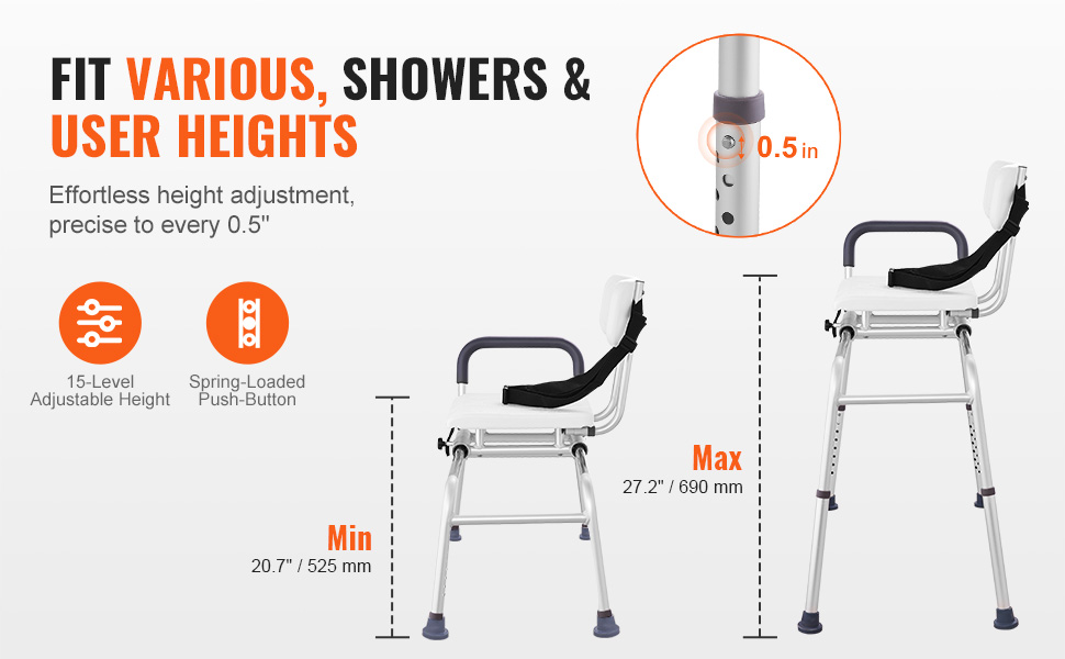 VEVOR sliding tub transfer bench with adjustable height options from 20.7" to 27.2", featuring 0.5" increments.