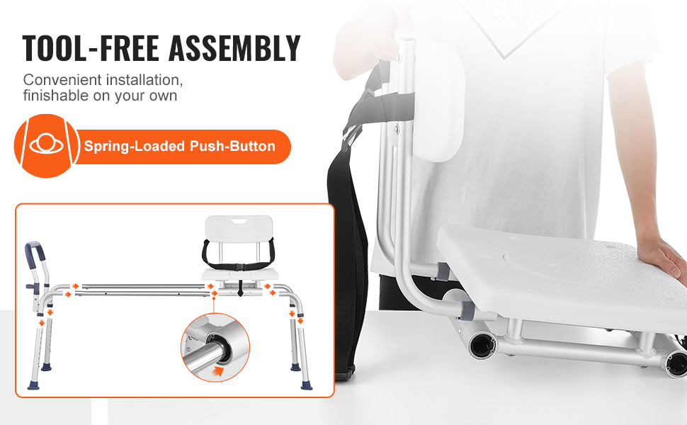 VEVOR sliding tub transfer bench with tool-free assembly and spring-loaded push-button feature.