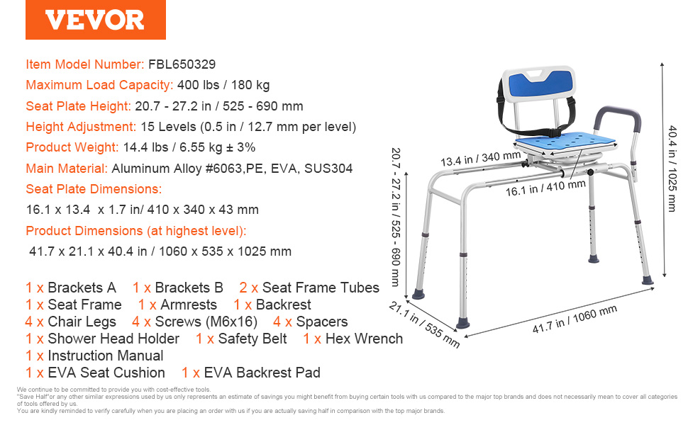 VEVOR sliding tub transfer bench with adjustable height, blue seat, and aluminum frame, 400 lbs capacity.
