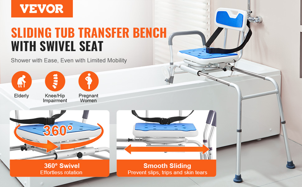VEVOR sliding tub transfer bench with swivel seat, smooth sliding, and 360-degree rotation for easy use.