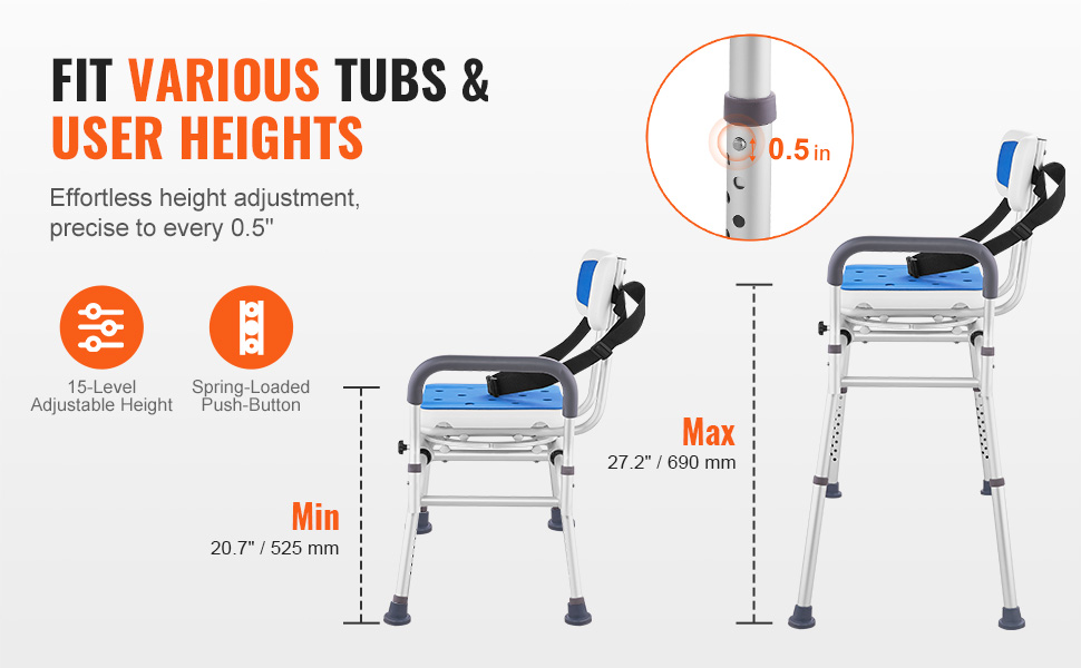 VEVOR sliding tub transfer bench with 15-level adjustable height and push-button adjustments for various tubs.