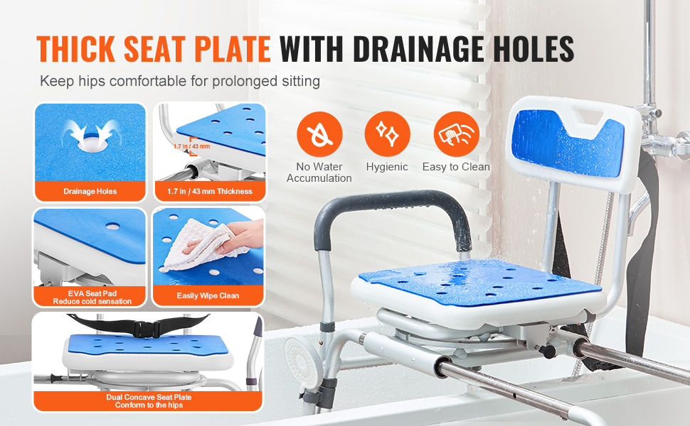 VEVOR sliding tub transfer bench with thick seat plate, drainage holes, eva pad, and easy clean features.