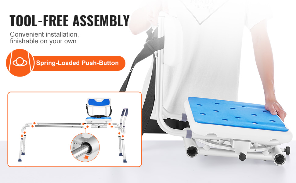 VEVOR sliding tub transfer bench with tool-free assembly, spring-loaded push button for easy setup.