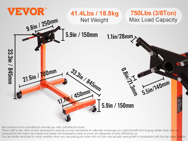 VEVOR engine stand with 750 lbs max load, 33.3in height, and 41.4 lbs net weight, orange and black design.