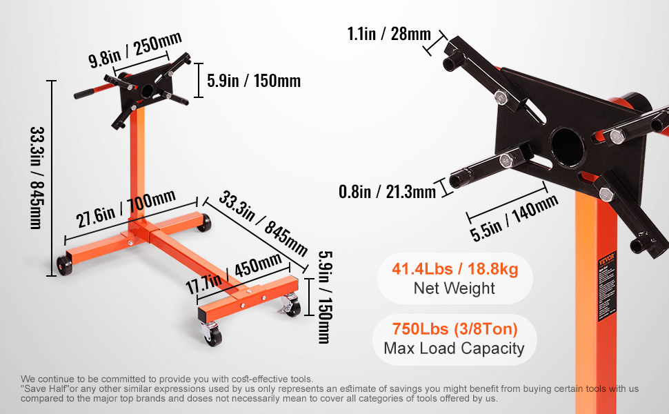 VEVOR engine stand with 750 lbs max load, 33.3in height, and 41.4 lbs net weight, orange and black design.