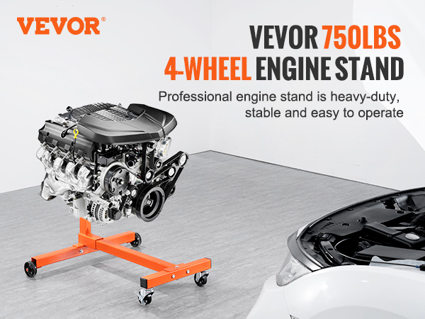 VEVOR engine stand holding an engine near an open car hood, highlighting its stability and functionality.