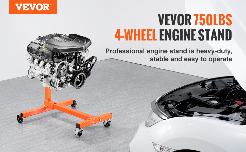 VEVOR engine stand holding an engine near an open car hood, highlighting its stability and functionality.