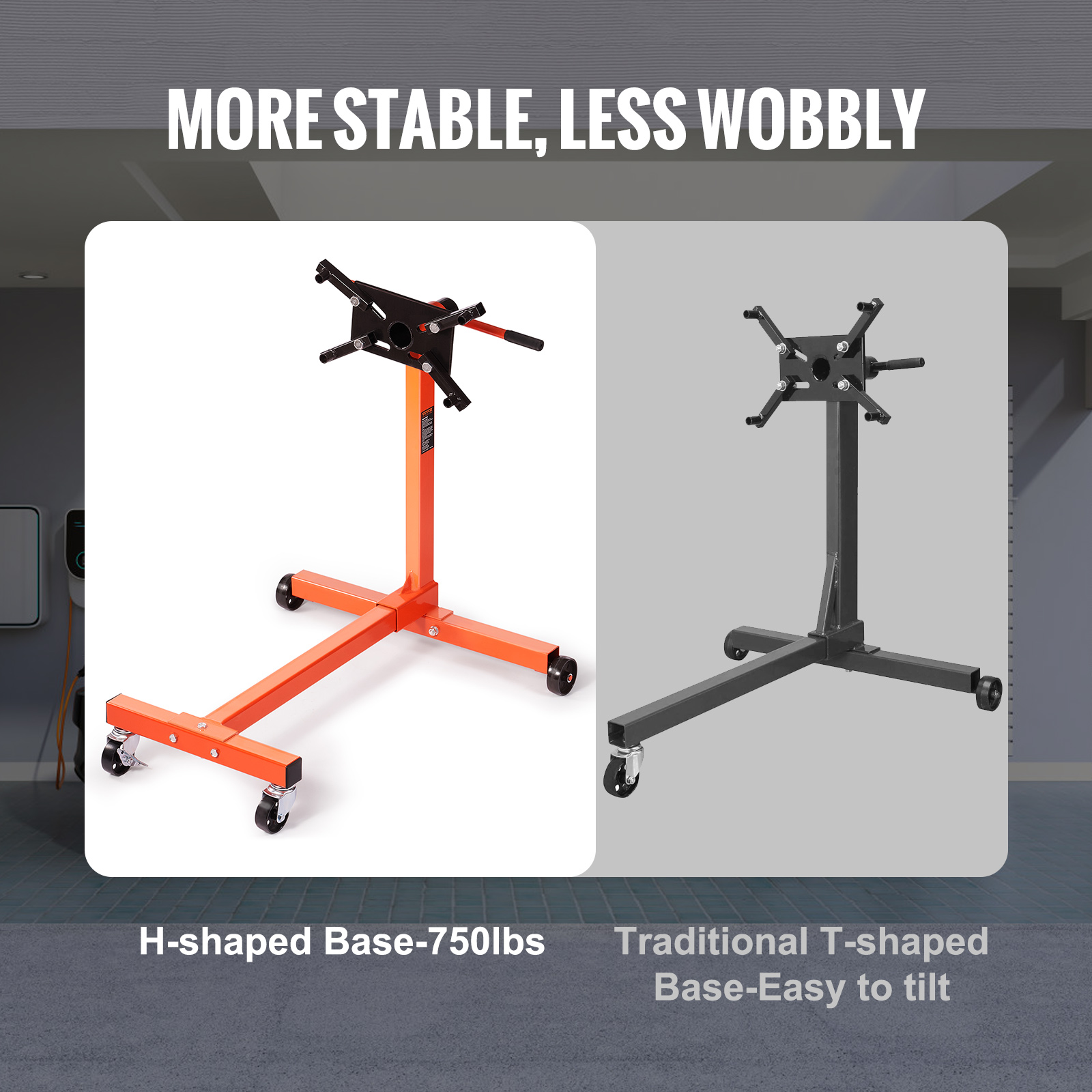 VEVOR engine stand comparison: h-shaped base (orange, 750lbs) vs t-shaped base (black).