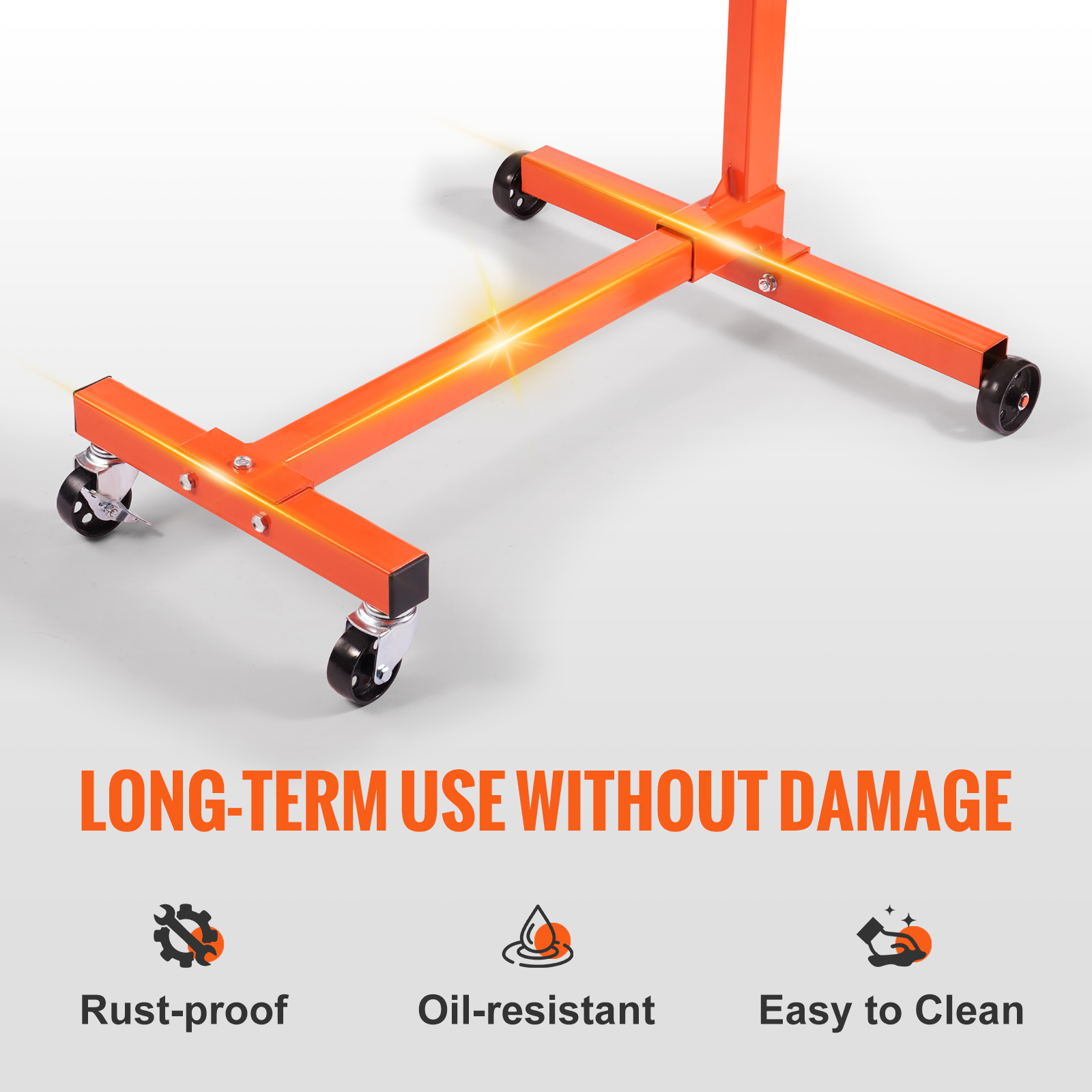 VEVOR engine stand with rust-proof, oil-resistant, and easy-to-clean orange base, featuring durable wheels.