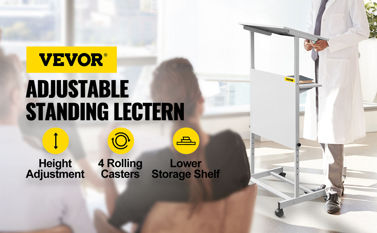 VEVOR stand up lectern with height adjustment, rolling casters, and storage shelf.